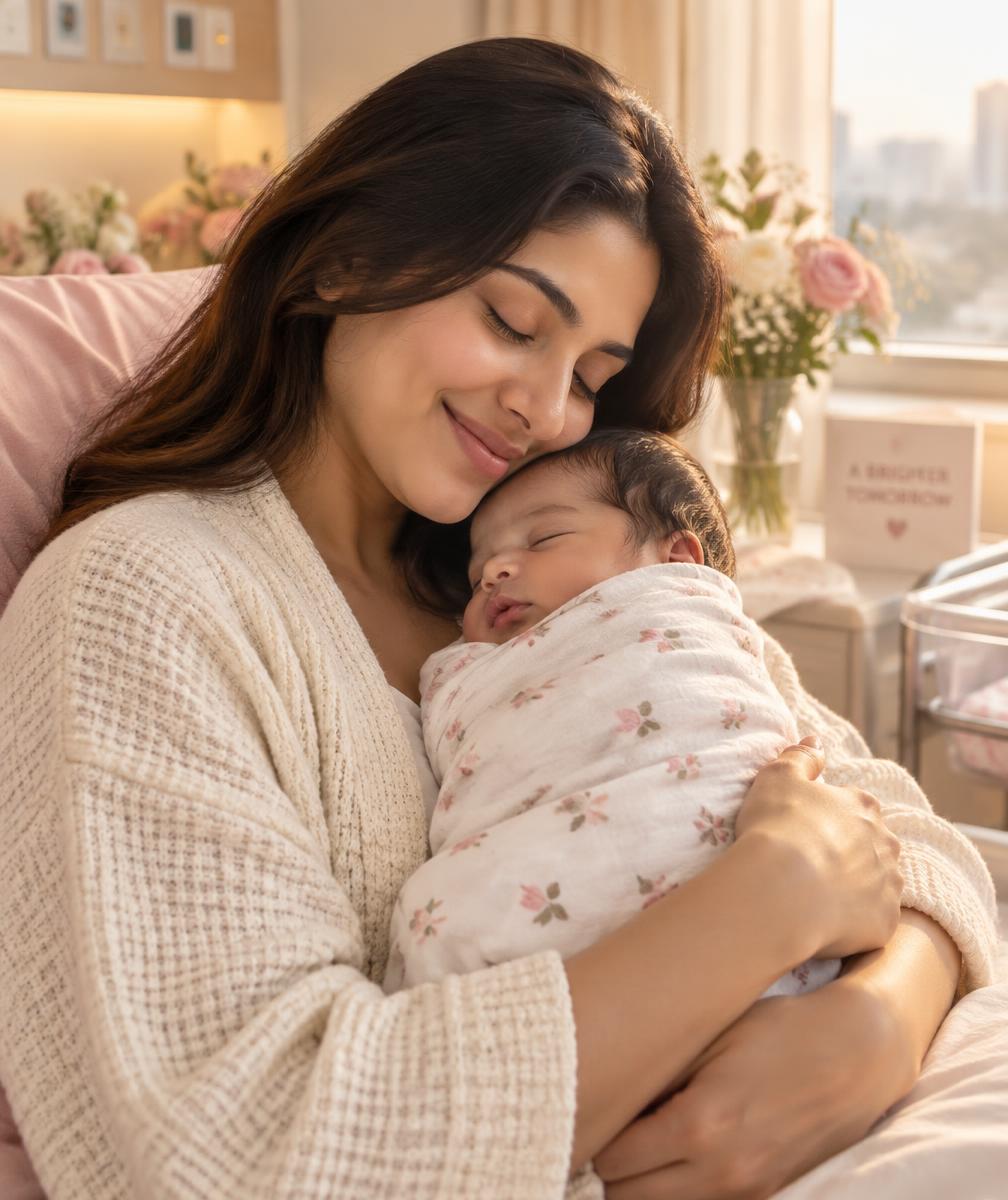 Mother gently holding her sleeping newborn baby